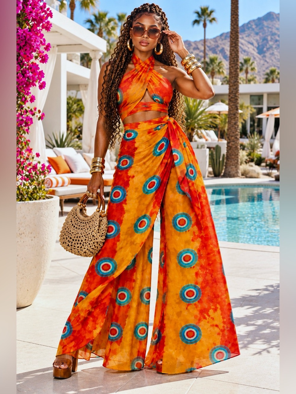 ZARA Printed Pareo Wrap Wide Leg Palazzo Pants Boho Resort